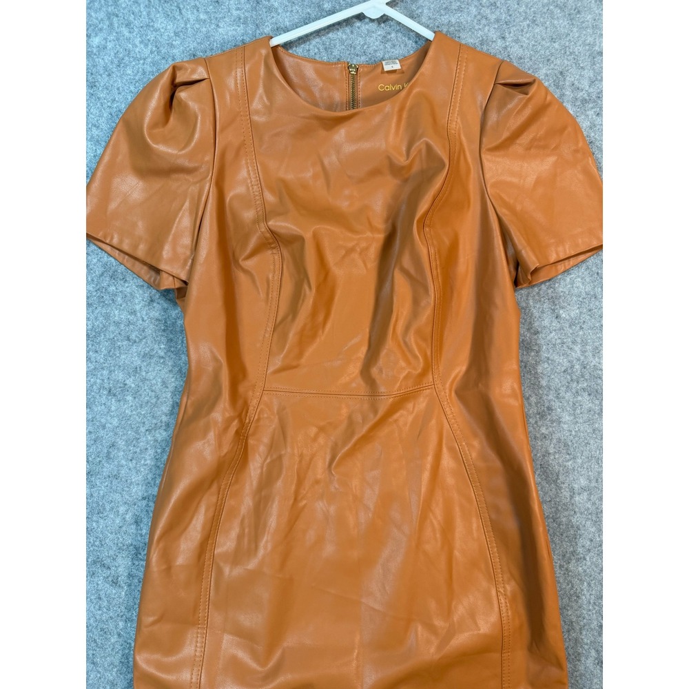 Calvin Klein Faux Leather Puff Sleeve Sheath Dress Cognac Orange Womens 6 - Picture 3 of 8